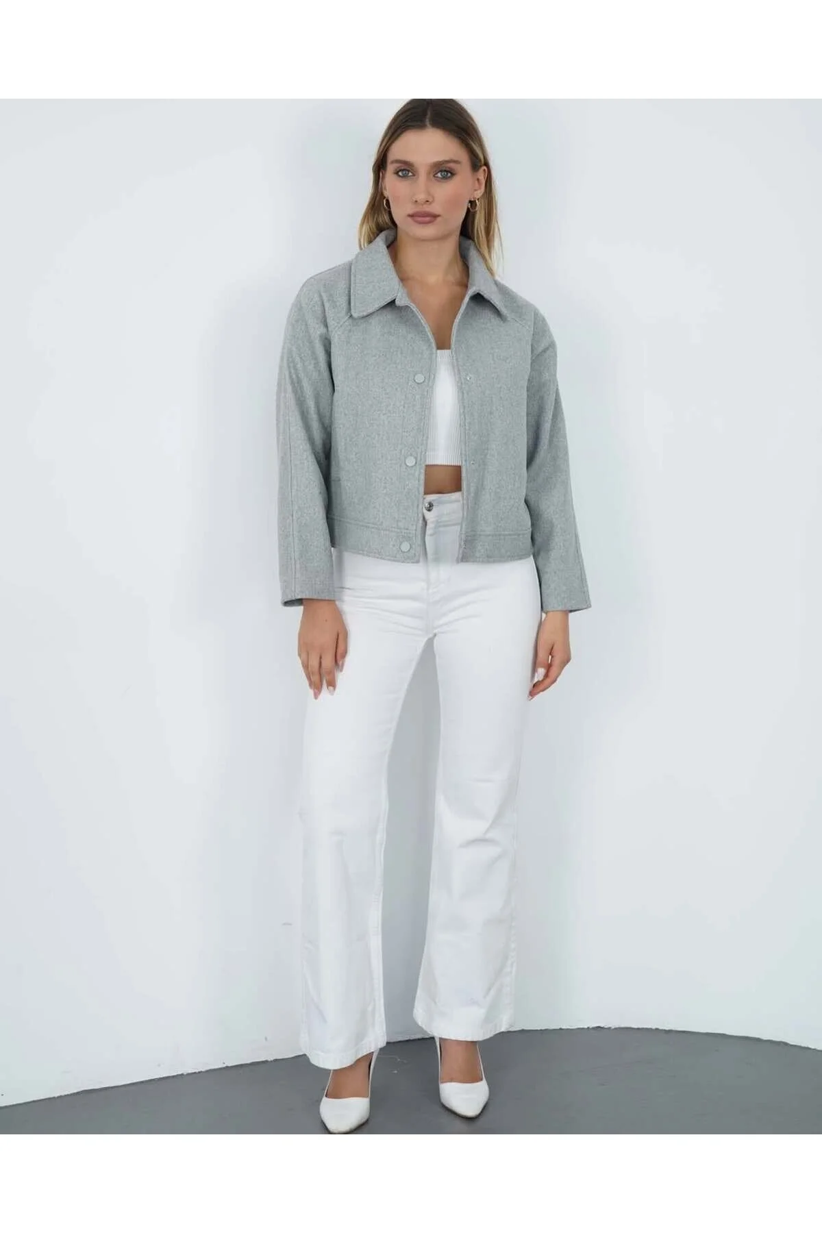 REGLAN KISA KOL KAŞE CEKET (Cepli, Astarlı) - Gri / 40