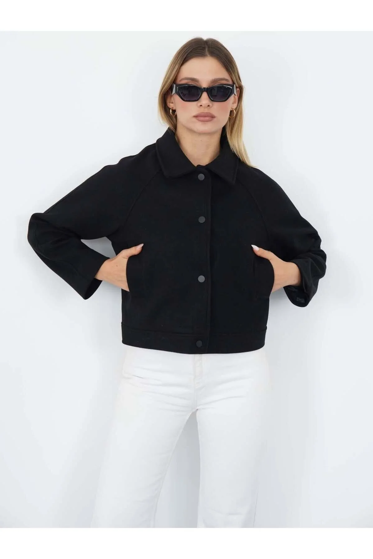 REGLAN KISA KOL KAŞE CEKET (Cepli, Astarlı) - Siyah / 38