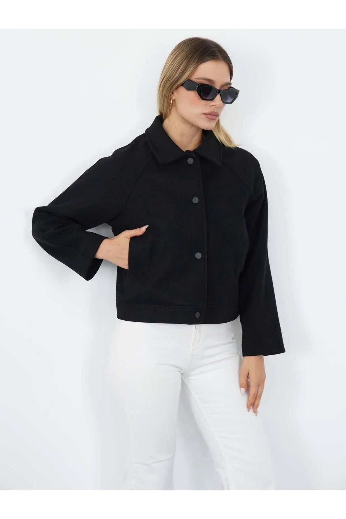 REGLAN KISA KOL KAŞE CEKET (Cepli, Astarlı) - Siyah / 38