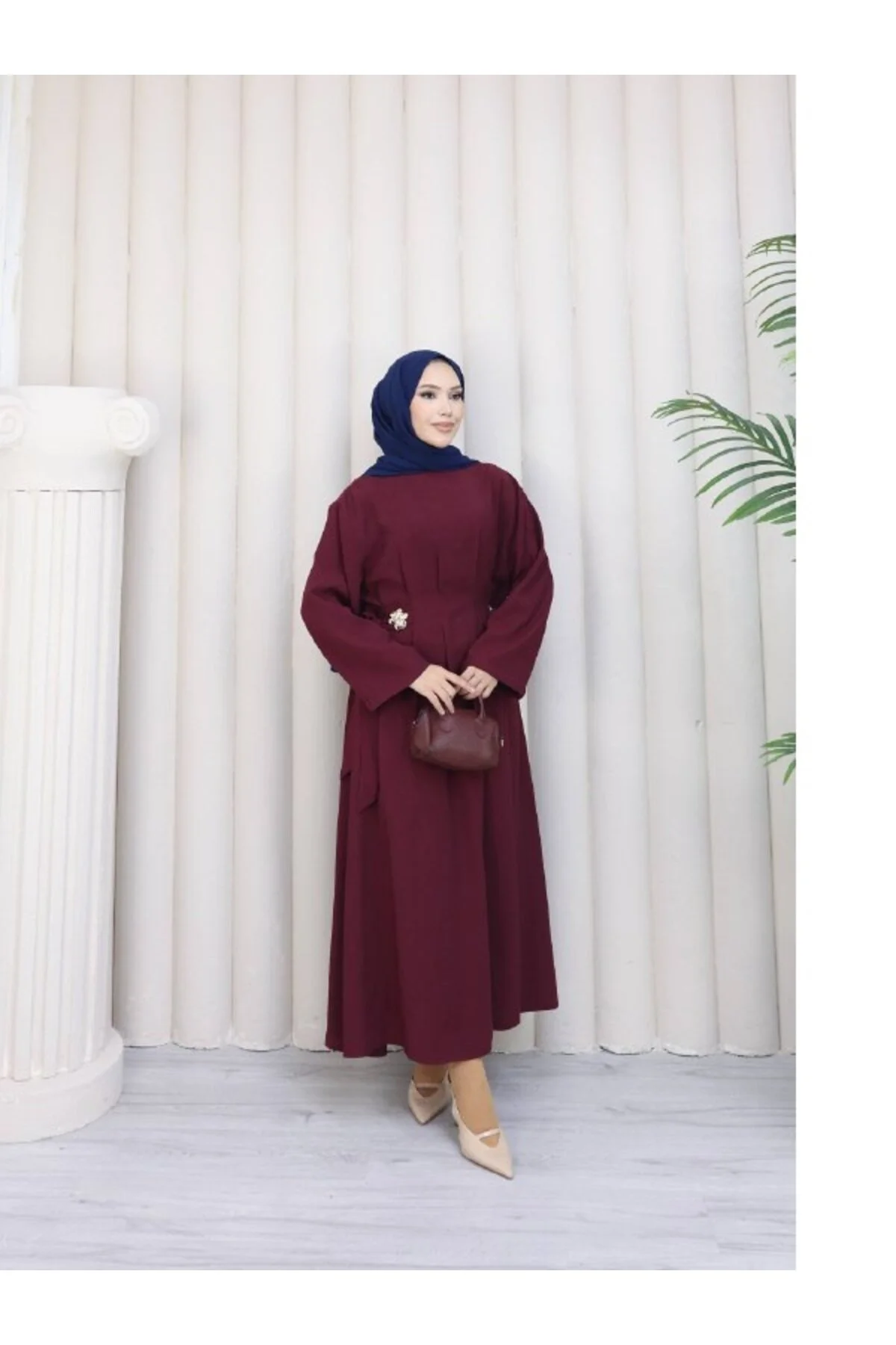 Yandan Tokalı Modal Tencel Elbise – Mevsimlik, Astarsız, İç Göstermez - Bordo / 1